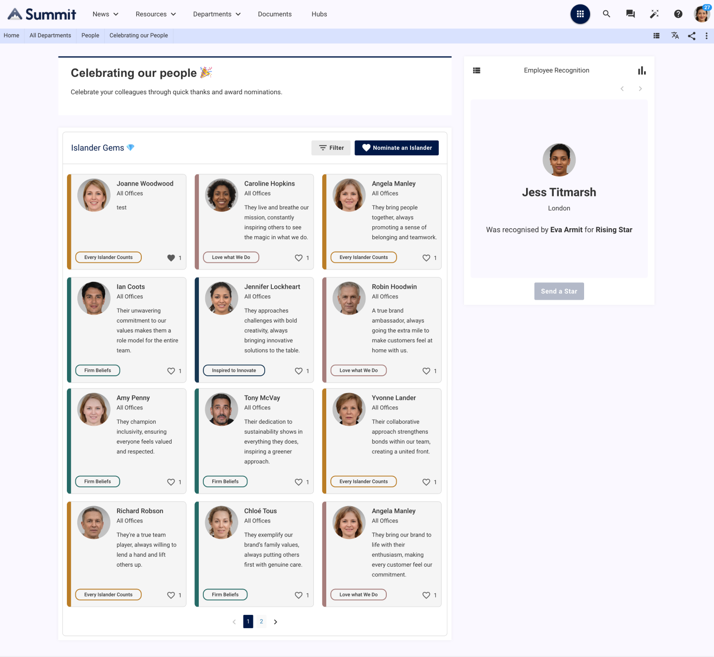 Digital workplace platform showing a recognition feature with people from across the business and the reasons they have been nominated.