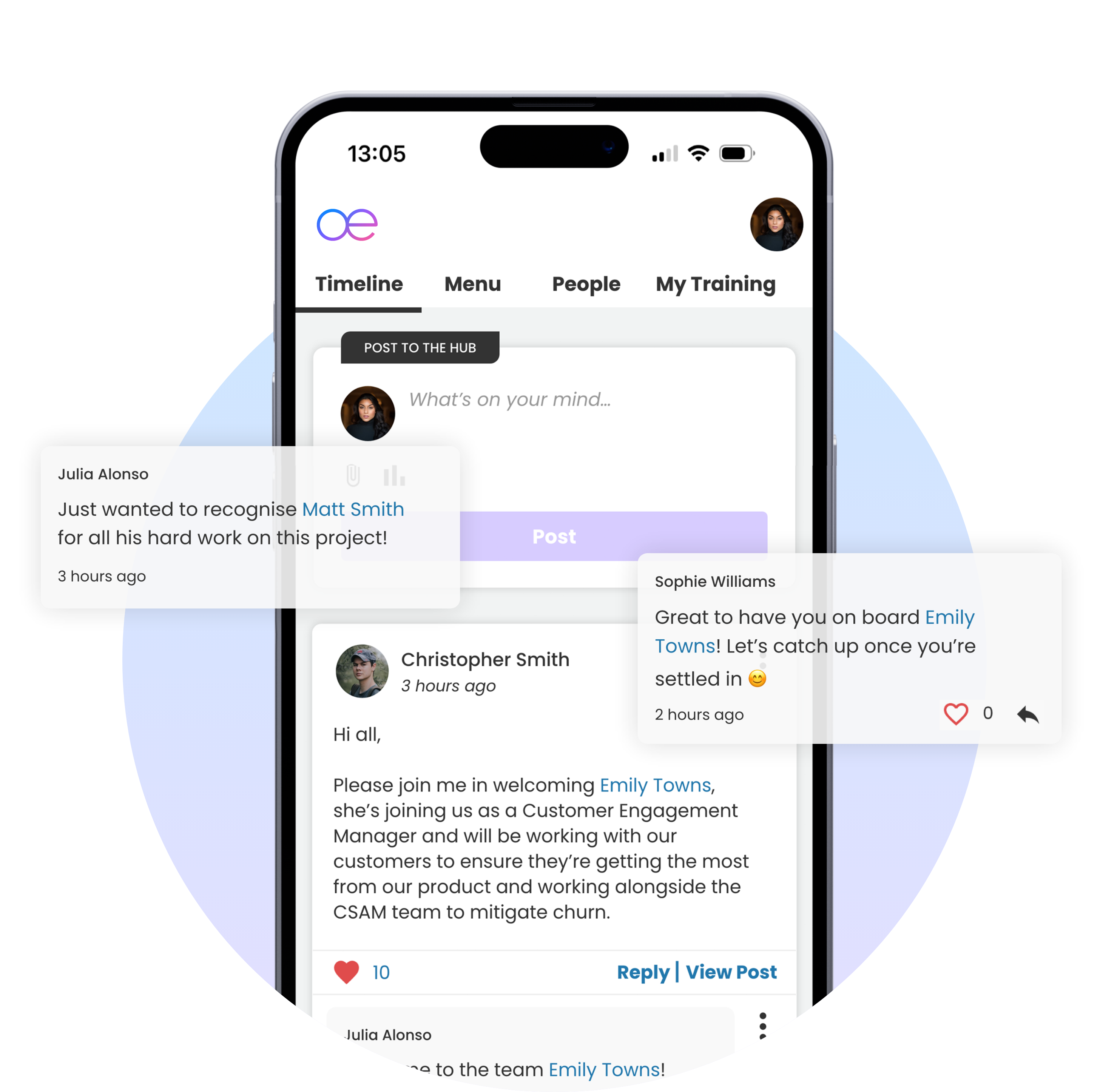 An image showing a mobile phone with a timeline of news with notifications on an employee intranet