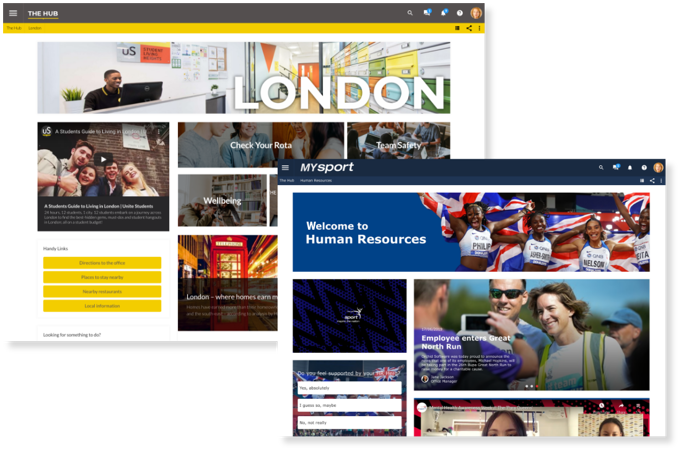 Image shows two intranet homepages ‘London’ & ‘Human Resources’, including Wellbeing applet