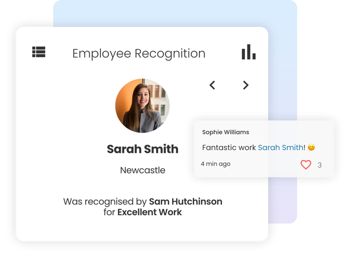 An image of recognition functionality on an intranet recognising an employee for excellent work.