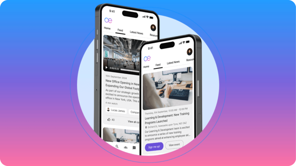 Two smartphones showing Oak Engage app with news and training updates on a colourful blue to pink gradient background