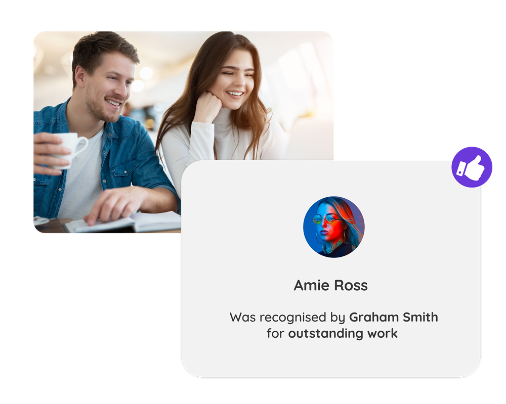 Icon shows an employee called Amie Ross recognised by Graham Smith for outstanding work
