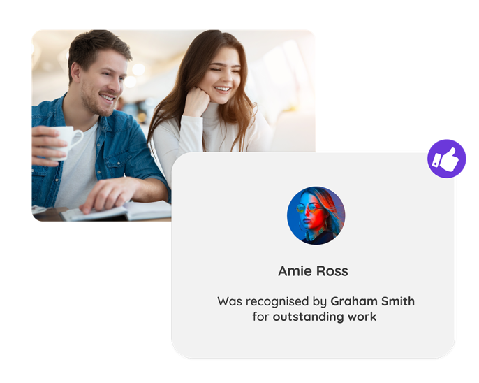 Icon shows an employee called Amie Ross recognised by Graham Smith for outstanding work