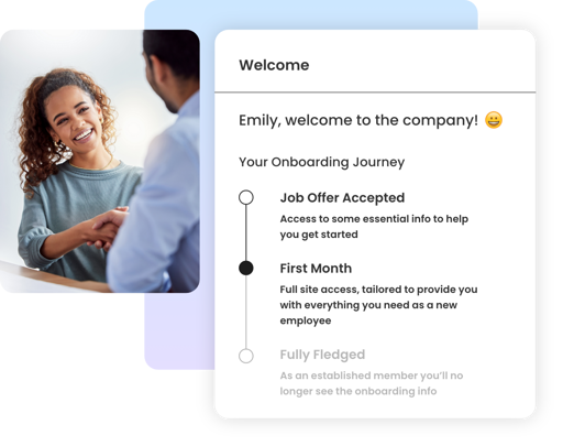Employee onboarding screen showing welcome message and progress through onboarding stages.