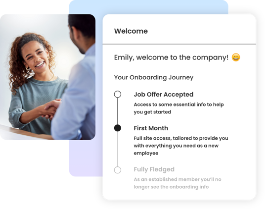 Smiling woman shakes hands, onboarding screen welcomes Emily to her first month
