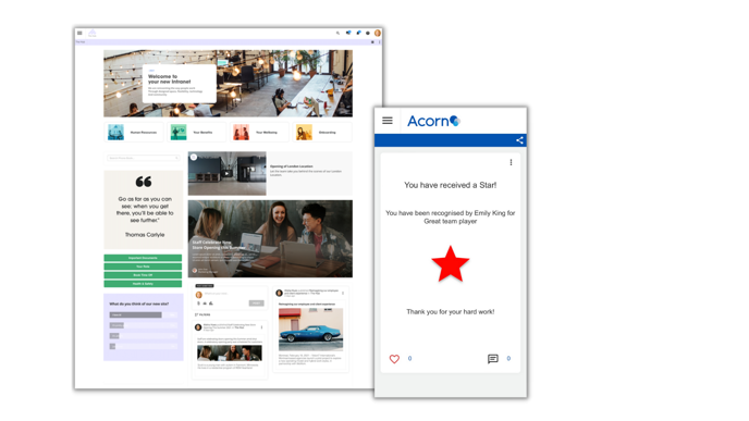 Branded intranet homepage desktop and a star received for being a ‘Great Team Player’ on mobile app
