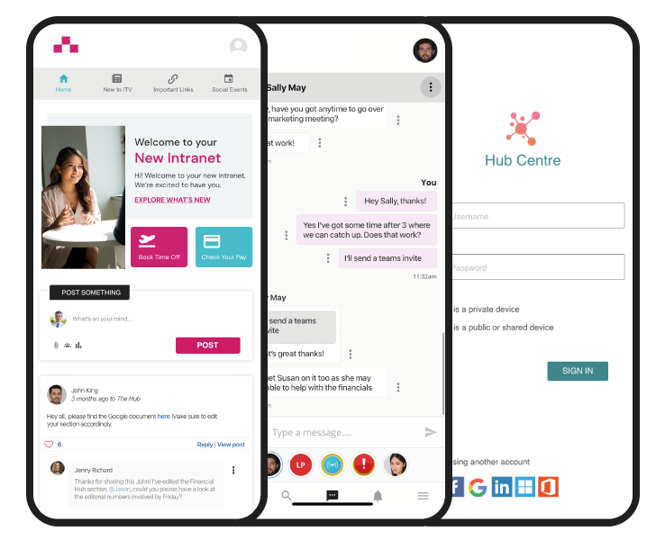 Three mobile phones showing an intranet home page, instant messaging and login screen