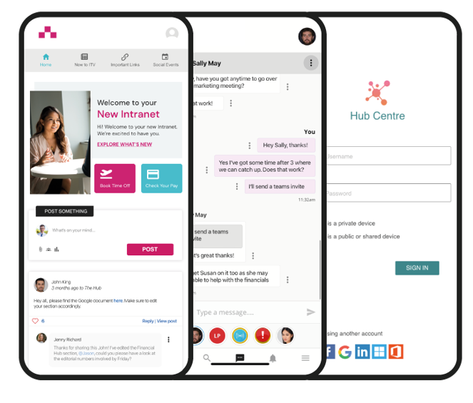 example of Oaks mobile intranet showing the homepage, chat function and login feature