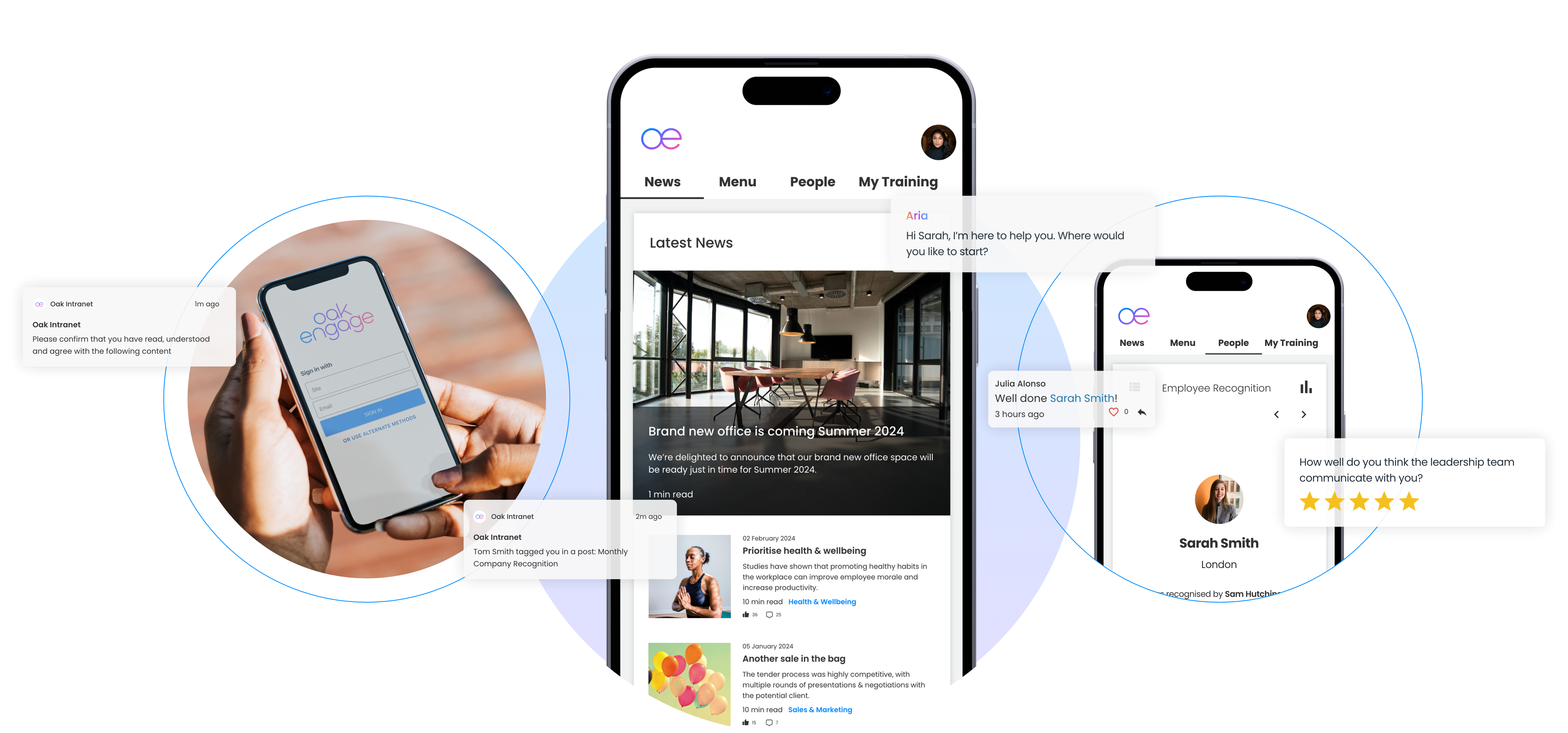 Mobile app interface showing employee news, recognition, surveys and communication on Oak Engage platform.
