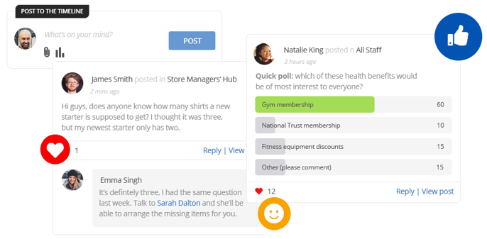image shows social timeline posts and polls