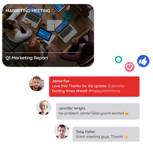 Marketing meeting chat shows exchange between team of employees