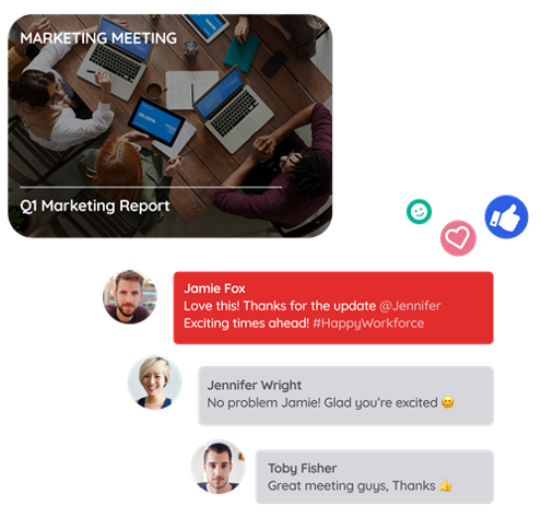 Marketing meeting chat shows exchange between team of employees