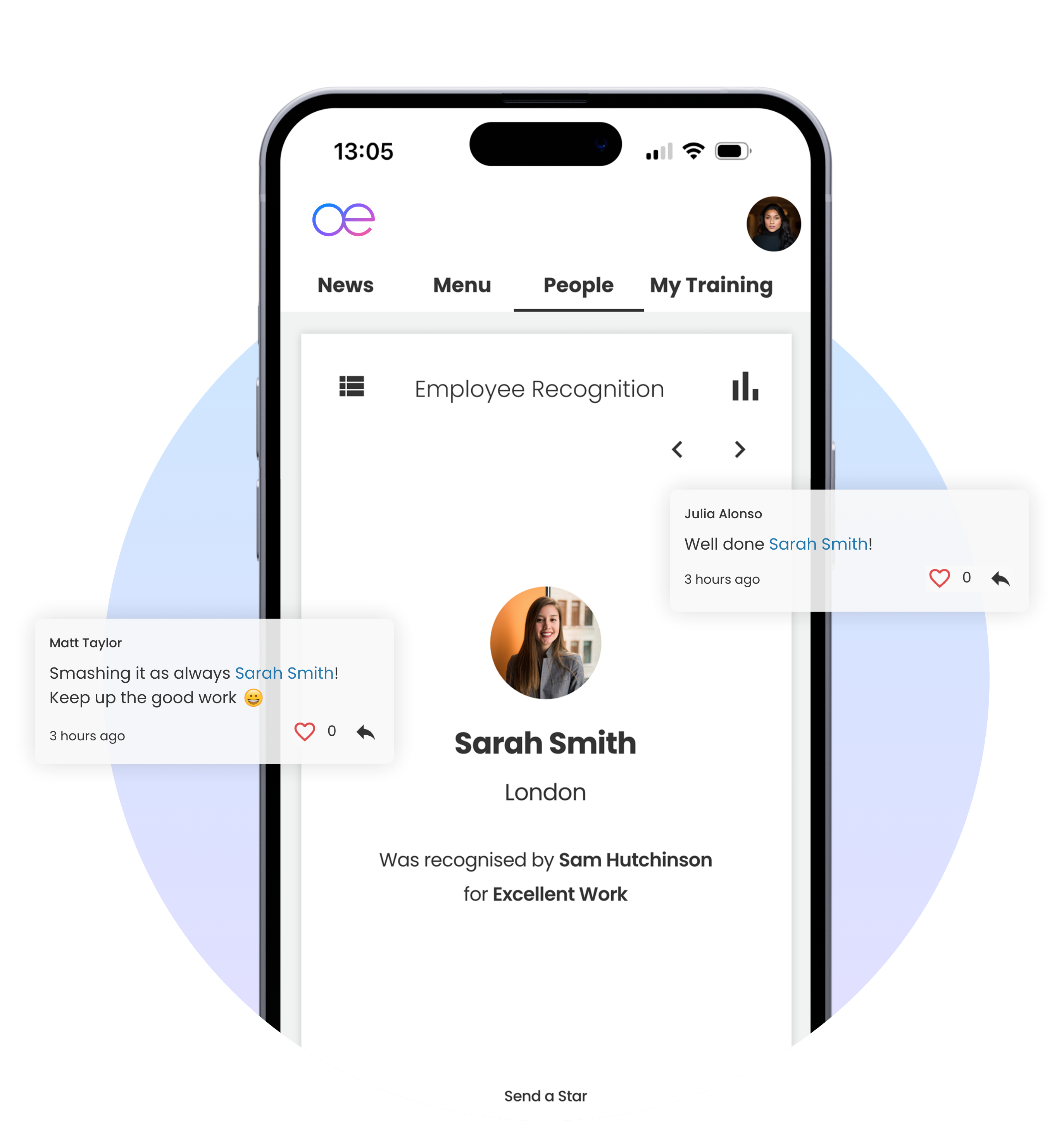 A mobile phone showing an intranet with an employee recognition app and someone being recognised for excellent work.