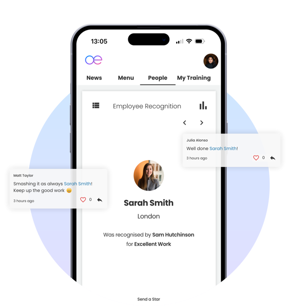 A mobile phone showing an intranet with an employee recognition app and someone being recognised for excellent work.
