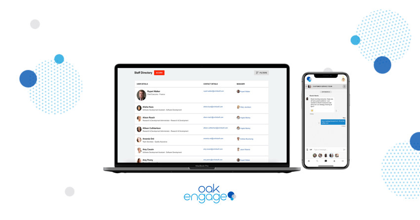 Laptop showing a staff directory and mobile phone showing a Customer Service Team chat
