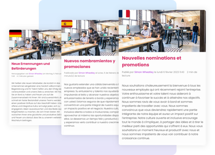 Three cards show the same workplace update in German, Spanish, and French with a modern office image
