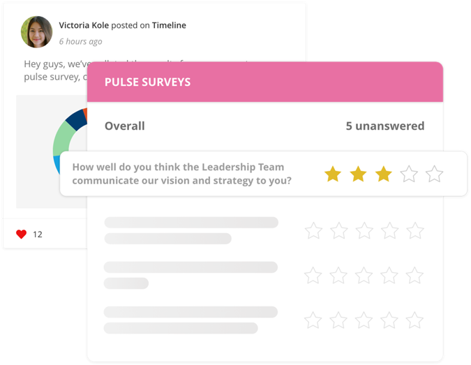 Image shows Pulse Survey question ‘how well do you think the leadership team communicate our vision and strategy to you?’ with a rating out of 5 stars