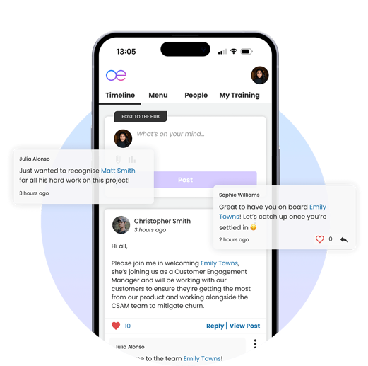Mobile app screen showing employee recognition and welcome messages.