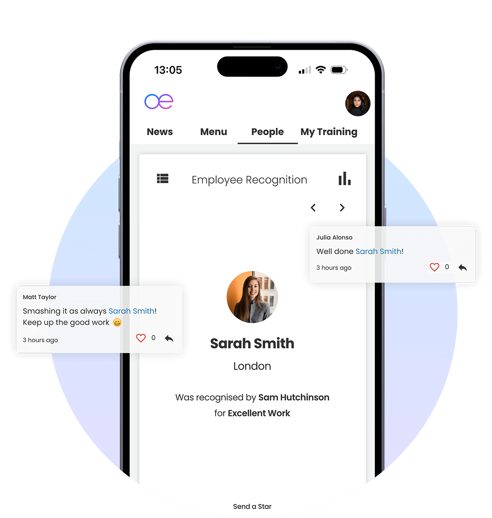 An image showing a mobile phone with Oak Engage's intranet platform with an employee being recognised for excellent work.