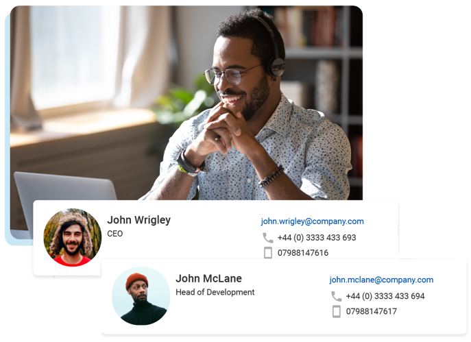Image shows the profiles and contact details for a CEO and Head of Development