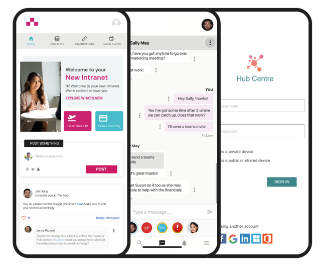 Three mobile phones show intranet homepage, chats and log in page
