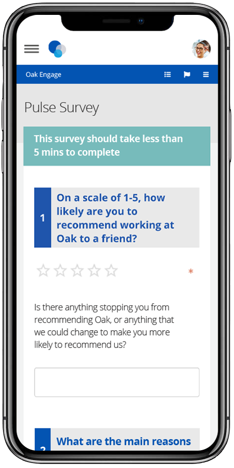 Image of Oak Engage Pulse Survey mocked up in an IPhone
