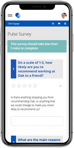 Image of Oak Engage Pulse Survey mocked up in an IPhone