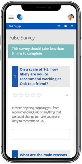Image of Oak Engage Pulse Survey mocked up in an IPhone