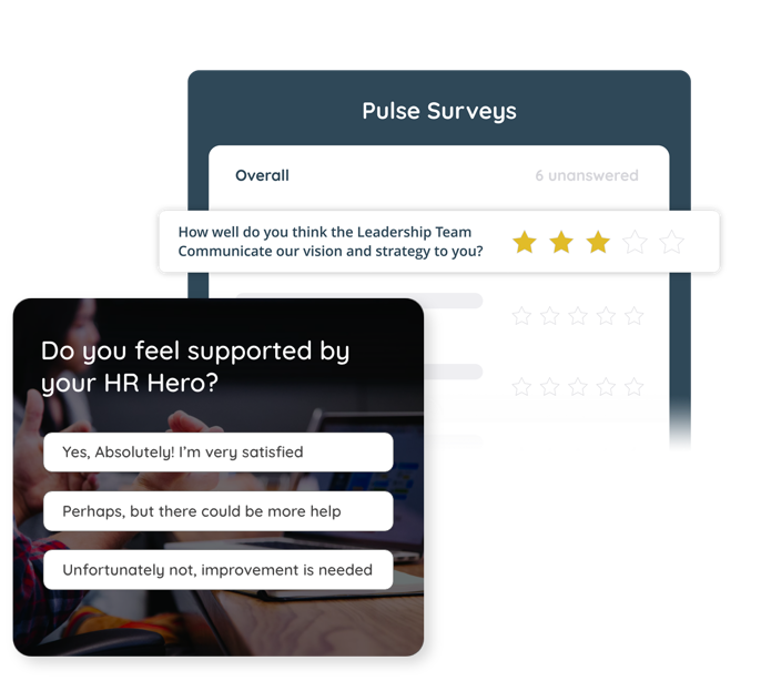 Survey questions ask to rate and the communication by leadership team and if they feel supported by HR
