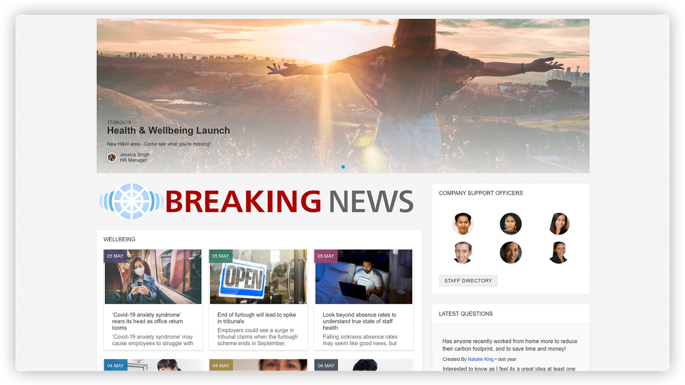 ntranet news feed with âBreaking Newsâ banner showing the launch of health & wellbeing initiative