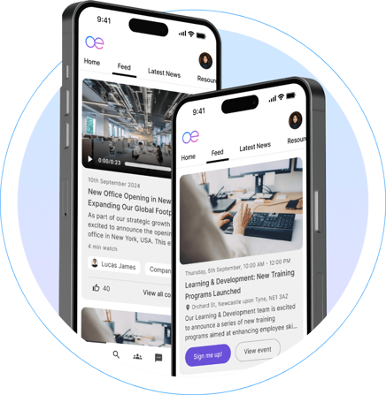 An image showing two mobile phones overlapping with Oak Engage's intranet showing a smart feed with articles.