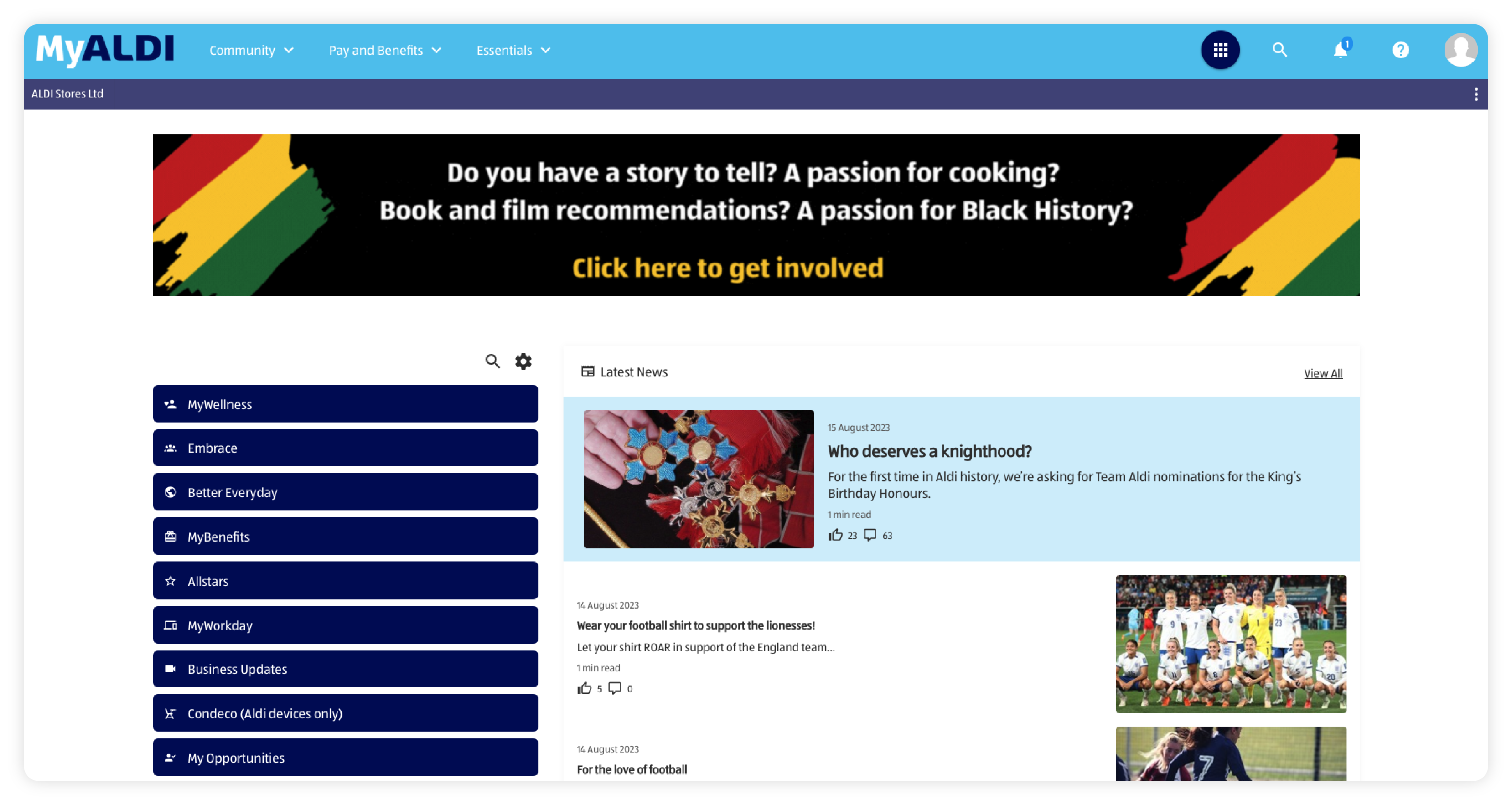 MyAldi homepage Oak Engage intranet design