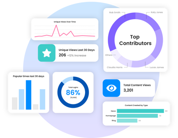 Analytics dashboard with graphs showing views, logins, top contributors, and content by type