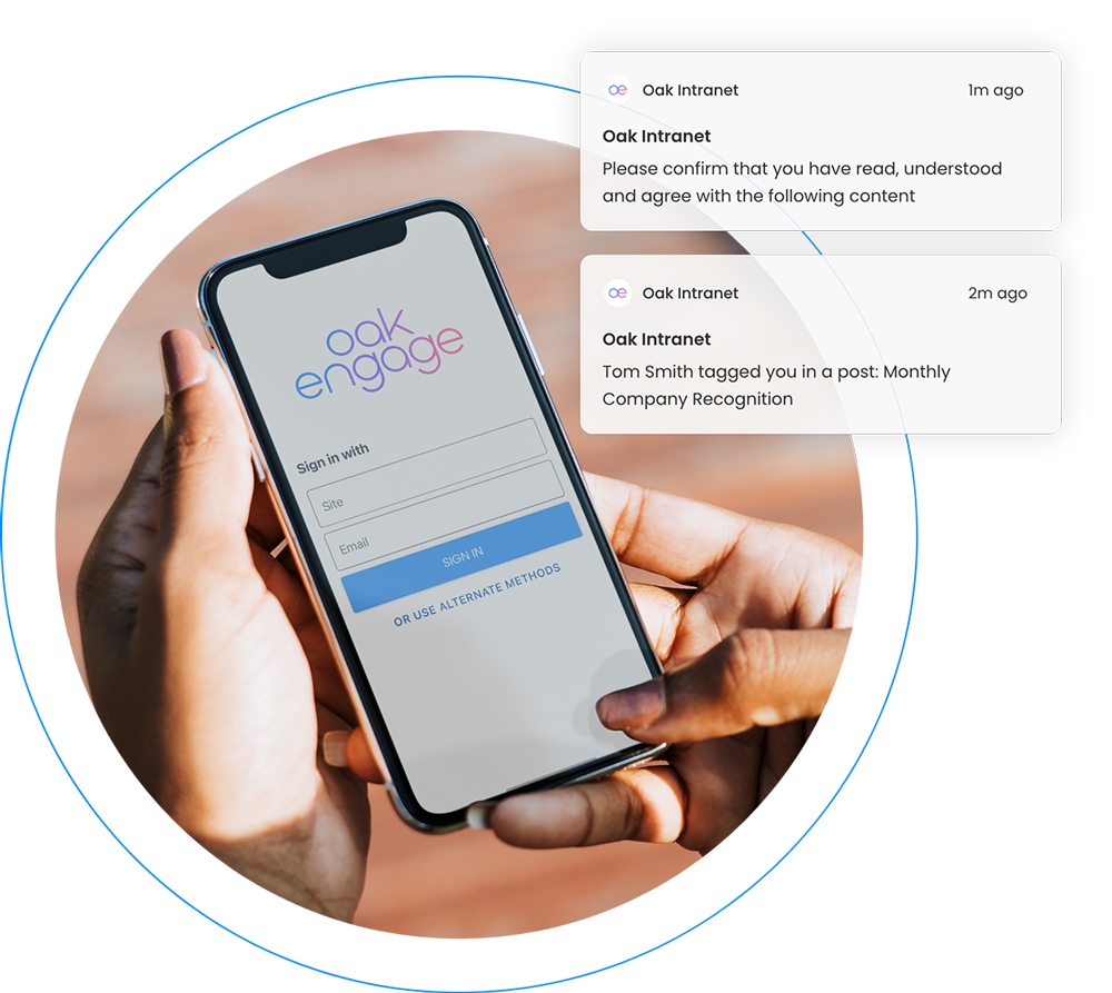 An image of a phone showing a sign in page for Oak Engage's intranet software