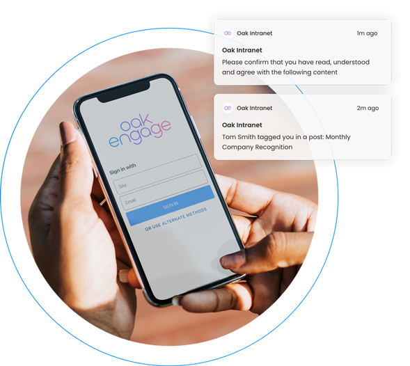 An image of a phone showing a sign in page for Oak Engage's intranet software