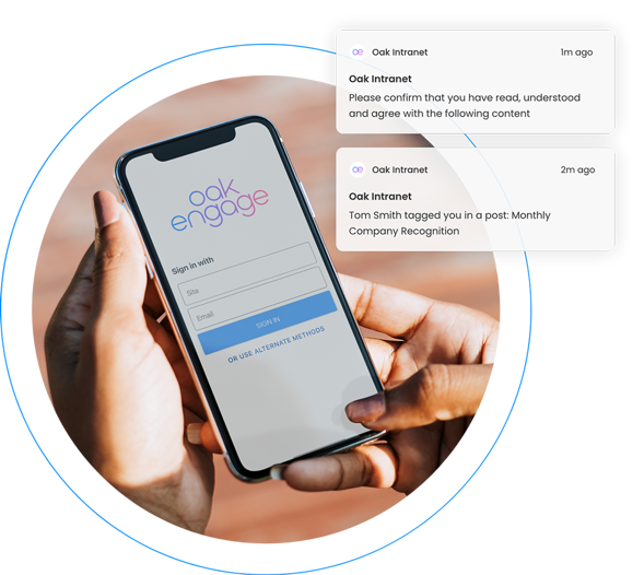 An image of a phone showing a sign in page for Oak Engage's intranet software