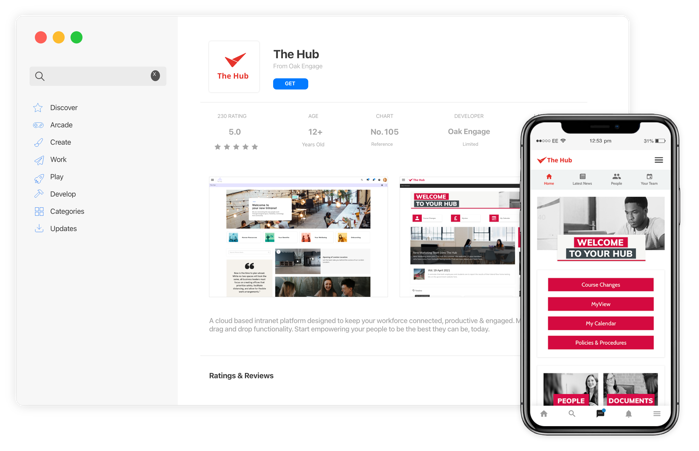mobile phone and desktop screen both showing responsive versions of an intranet platform