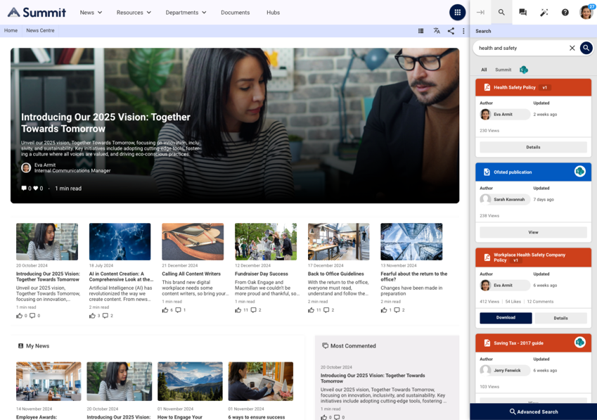 A digital workplace platform with a range of news articles with a search bar on the right hand side showing an advanced search for 'Health and Safety' across platforms like SharePoint.