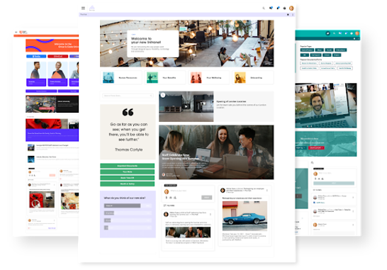 Three separate branded intranet home pages featuring a content feed and links to useful pages