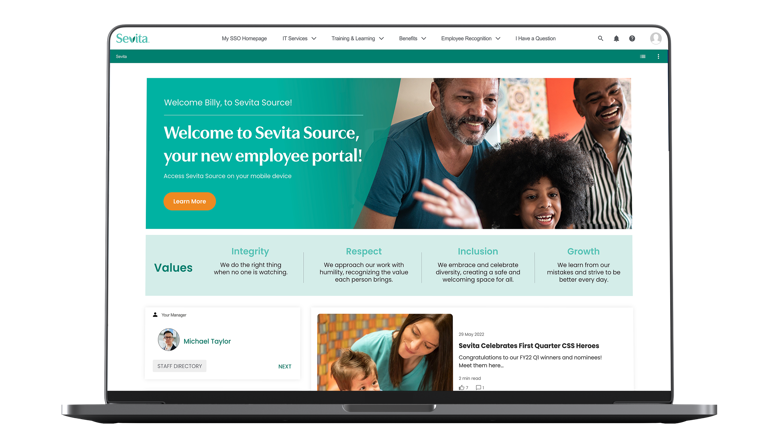 An image of a laptop mockup showing Sevita's employee portal