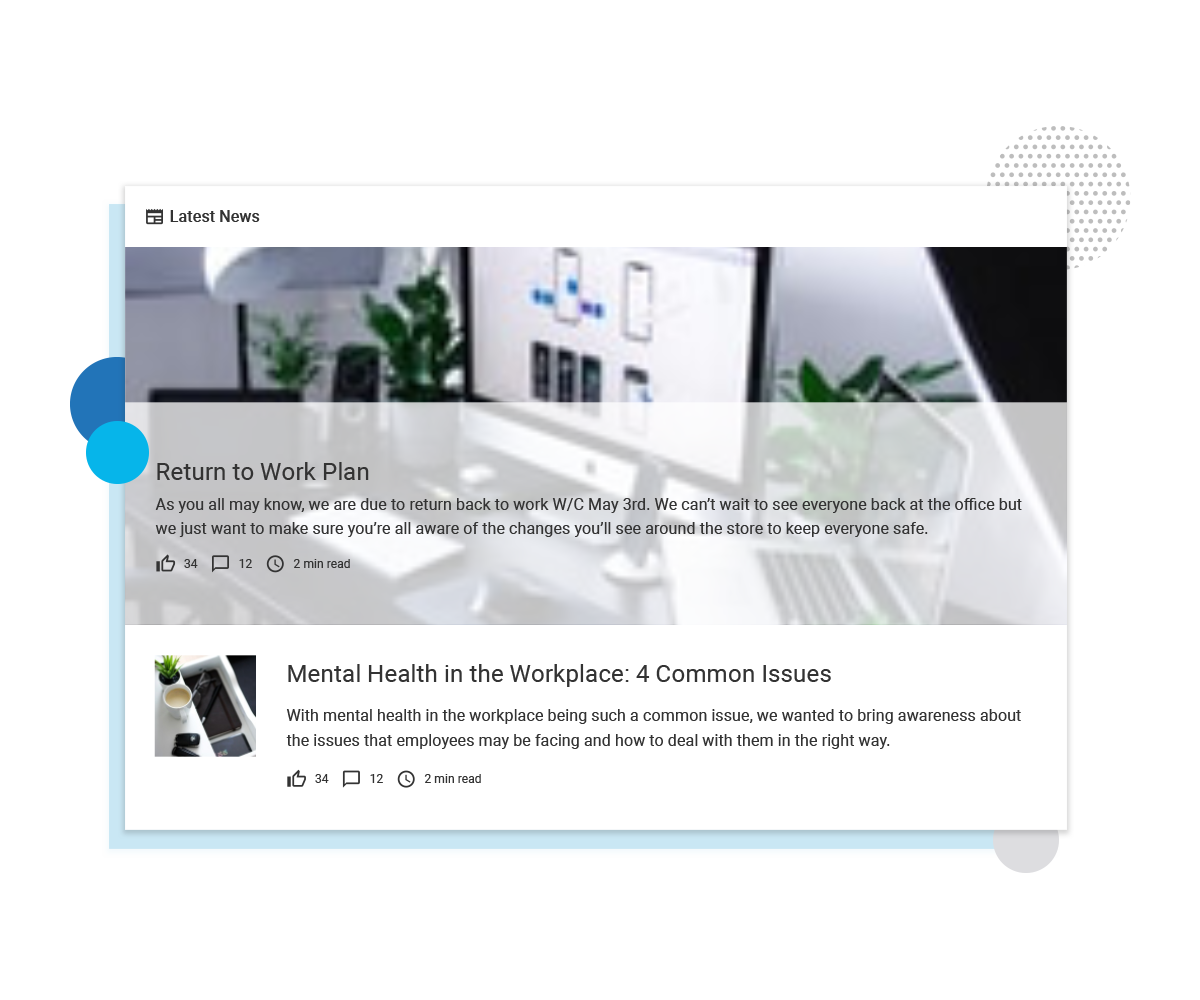 Latest news on company intranet shows a post on the Return to Work plan and a blog post on Mental Health in the Workplace