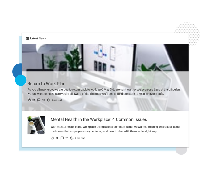 Latest news on company intranet shows a post on the Return to Work plan and a blog post on Mental Health in the Workplace