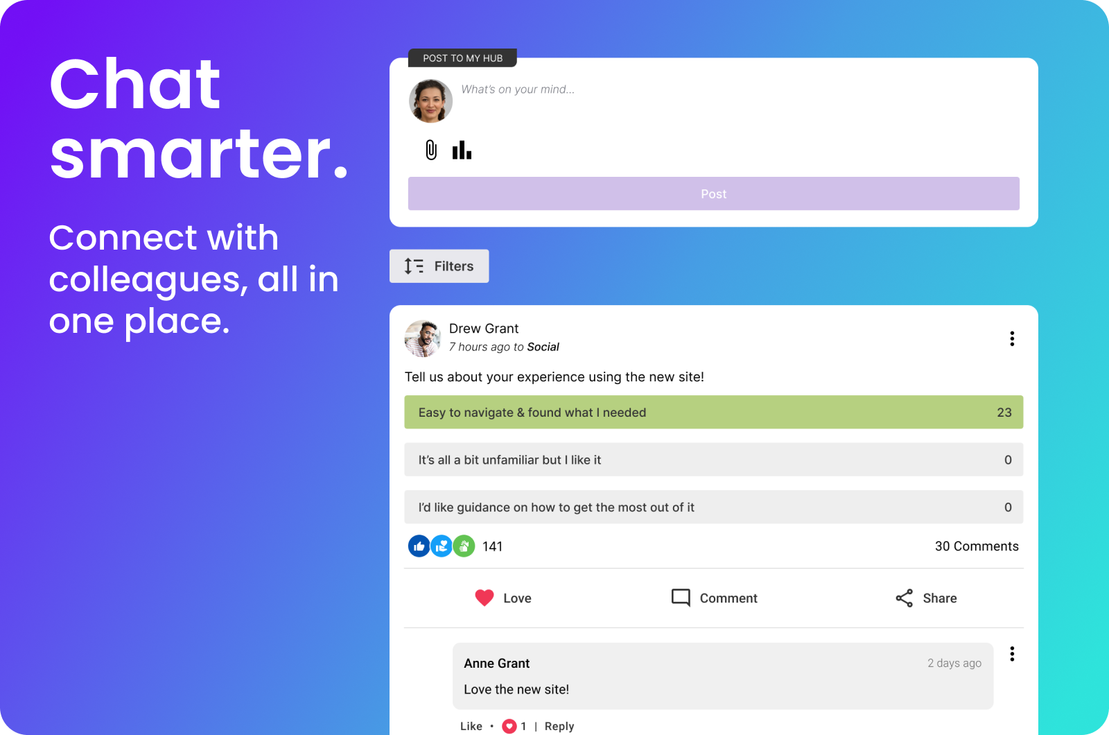 An image showing a screenshot of an intranet social timeline with the words 'Chat smarter. Connect with colleagues, all in one place.' Against a gradient background from purple to blue.