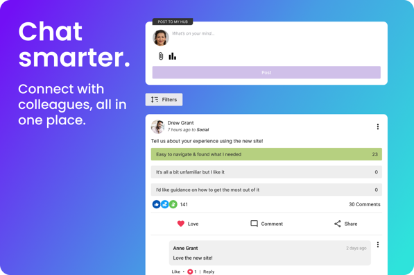An image showing a screenshot of an intranet social timeline with the words 'Chat smarter. Connect with colleagues, all in one place.' Against a gradient background from purple to blue.