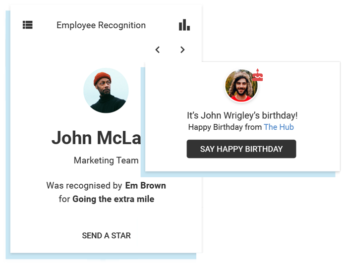 Oak Engage's employee recognition software shown on mobile screen with example praise for work colleagues