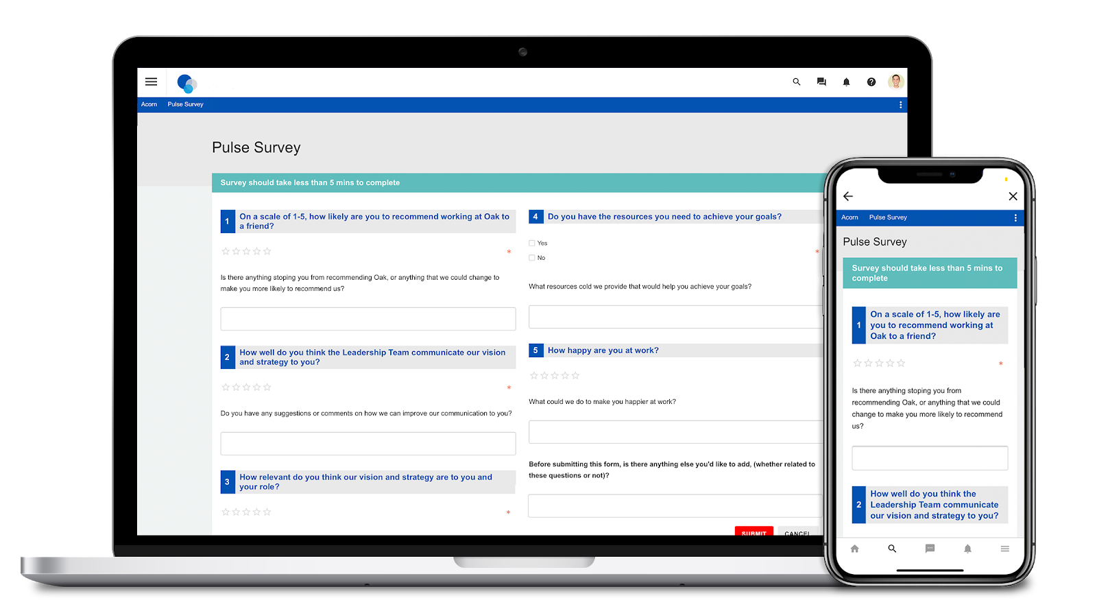 Oak’s Pulse Survey function on desktop and mobile applications