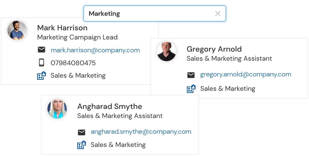 Image shows ‘Marketing’ in search bar with directory profiles of those in marketing department