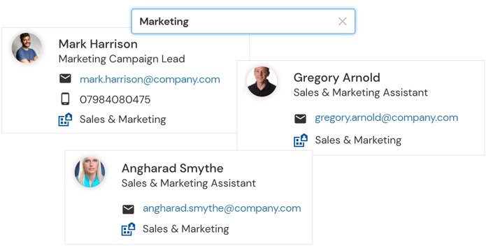Image shows ‘Marketing’ in search bar with directory profiles of those in marketing department