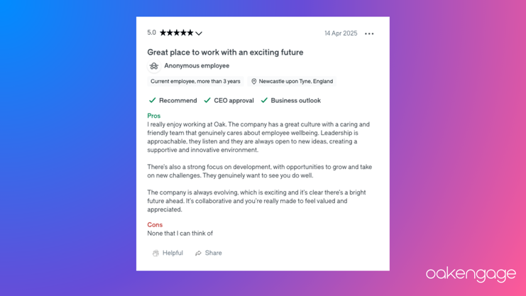 An image showing a screenshot of an employee Glassdoor review for Oak Engage.